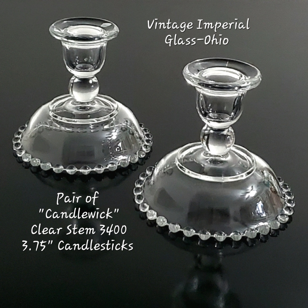 Pair of 3.75" "Candlewick" Crystal Clear Stem 3400 Single Light Candlesticks